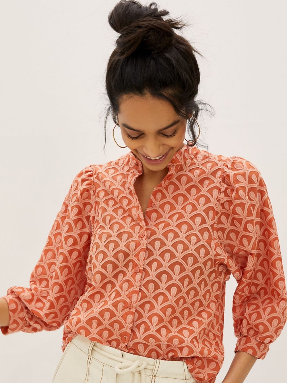 Anthropologie Pilcro Terra Cotta Scalloped Embroidered Buttondown Blouse M